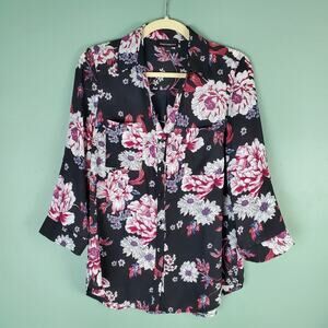 Fortune + Ivy Black Floral Christelle Button Down Blouse Size Large
